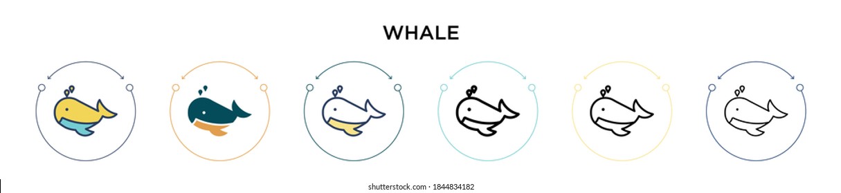 Whale icon in filled, thin line, outline and stroke style. Vector illustration of two colored and black whale vector icons designs can be used for mobile, ui, web