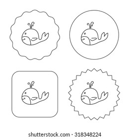 Whale icon. Largest mammal animal sign. Baleen whale with fountain symbol. Flat circle, star and emblem buttons. Labels design. Vector