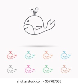 Whale icon. Largest mammal animal sign. Baleen whale with fountain symbol. Linear icons on white background.