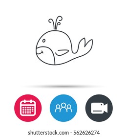 Whale icon. Largest mammal animal sign. Baleen whale with fountain symbol. Group of people, video cam and calendar icons. Vector