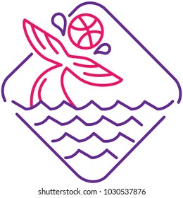 Whale icon mascot plays ball on the sea with pink and purple color