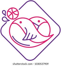 Whale icon mascot plays ball on the sea with pink and purple color