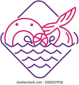 Whale icon mascot plays ball on the sea with pink and purple color