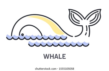Whale icon. Ocean large animal half seen above water line, side view. Curved tail, two rows of abstract minimal waves. Cruise themed linear isolated vector illustration on white background and text.
