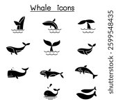 Whale icon set in glyph style