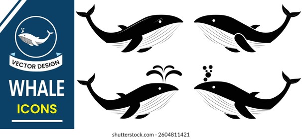 Whale icon, vector Silhouette  design. Blue whale, humpback whale symbol design for logo, app, web. Wild and sea animal vector illustration.