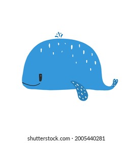 Whale icon with water fountain blow. Hand drawn vector illustration of a cute funny character. Isolated objects. minimalistic style flat design. Concept for children print.