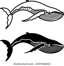 Iconos de ballenas. Ilustración vectorial en blanco y negro. Mamífero marino, ballena asesina, pez. Para el diseño de libros para colorear. Concepto animal