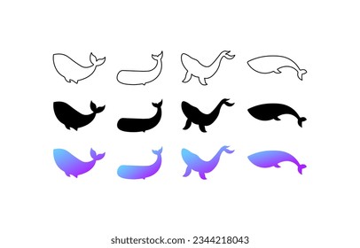 Iconos de ballena. Distintos estilos, ballena en diferentes posiciones. Iconos del vector