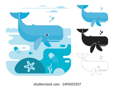 Whale icons. Flat vector illustration of cachalot. Decorative cute illustration for children. Graphic design elements for print and web.