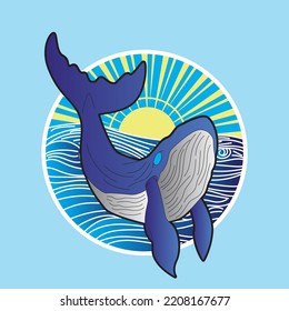 whale illustration design with retro japanese style background