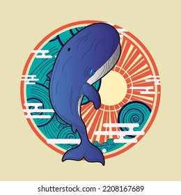 whale illustration design with retro japanese style background