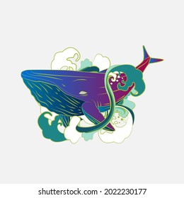 whale illustration design for sukajan is mean japan traditional cloth or t-shirt with digital hand drawn Embroidery Men T-shirts Summer Casual Short Sleeve Hip Hop T Shirt Streetwear