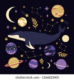 whale illustration with planets, stars and different elements on blue background. Vector illustration of cosmic whale. Scandinavian whale set for cards, party invitations, children textile, posters