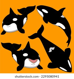 Whale illustration, set of orcas vector drawings on a orange background
