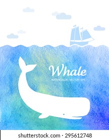 Whale Illustration under the water. Watercolor ocean. Small ship above, little boat. Vector illustration