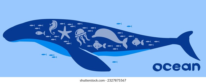 whale illustration vector, blue whale marine life bright pattern blue blue
