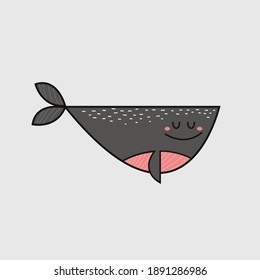 Whale isolated on a gray background. Vector illustration. Cute whale, drawing in kawaii style. Cartoon style character