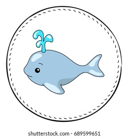 Whale isolated on white background. Cute whale with water fountain. Marine cartoon vector illustration. Underwater animal handdrawn patch. Whale drawing. Nursery clip art with tropical sea animal