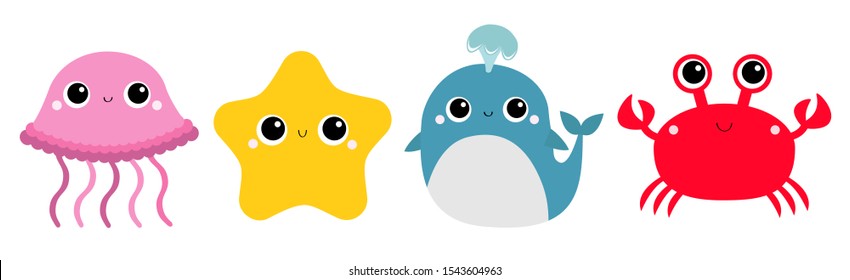 Whale Jellyfish Crab Starfish toy icon set line. Big eyes. Yellow star. Cute cartoon kawaii funny baby character. Sea ocean animal collection. Flat design. Kids print. White background Isolated Vector