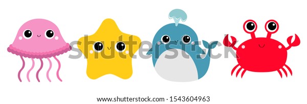 Whale Jellyfish Crab Starfish toy icon set line.\
Big eyes. Yellow star. Cute cartoon kawaii funny baby character.\
Sea ocean animal collection. Flat design. Kids print. White\
background Isolated\
Vector