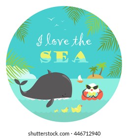 Whale and jellyfish swiming in the sea