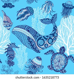 Whale, jellyfishes, turtle, sea horse. Underwater ocean life - animals, corals and plants. Vector seamless pattern with ethnical style illustrations in blue colors