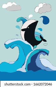 Whale jump on ocean water vector illustration