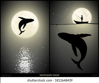 Whale jumping above water on moonlight night. Man silhouette with fishing rod and big whale under water. Lonely sea animal in nature. Full moon in starry sky. Black and white vector illustration set