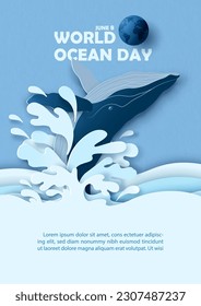 ballena saltando el océano con agua salpicada y la redacción del día del océano sobre fondo de patrón de papel azul. Campaña de afiche conceptual del Día Mundial del Océano en estilo corte de papel y diseño vectorial. 