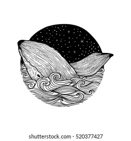 Whale jumping out of the waves on a night starry sky and curl waves background with doodle zentangle elements, design for clothing print, cards,invitations, printing cover.isolated on white background