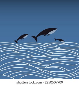 Whale jumping style above sea vector illustration.