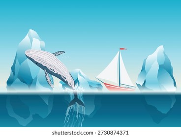 Baleia pulando sob a superfície azul do oceano perto de icebergs. Ilustração do vetor ártico do inverno. Islândia
