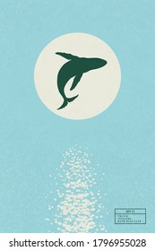 Whale jumping under water. Big fish isolated silhouette and white sun on blue texture background. Lonely sea animal in nature. Vector illustration for use in polygraphy, textile, design