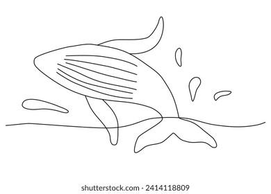 Salto de ballena del agua con salpicaduras, contorno vectorial plano estilo doodle para libro de colorido