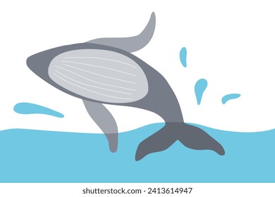 Ballenas saltando del agua con salpicaduras, pancarta o tarjeta del Día Mundial de la Ballena, concepto de ecología, vector