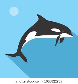 Whale Jumps With on Blue Background Flat Design