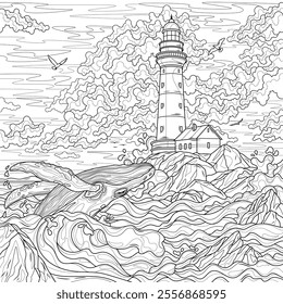 A whale jumps out of the ocean near the lighthouse.Coloring book antistress for children and adults. Illustration isolated on white background.Zen-tangle style. Hand draw