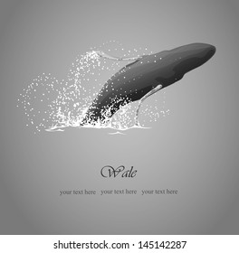 whale jumps out of the water with a splash, black and white colors, vector illustration