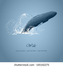 whale jumps out of the water with splashes, blue tones, vector illustration