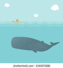 Whale and Kayak isolated on Blue sea background. Kayaking with Sperm Whale (Physeter macrocephalus). Submarine and Boats vector illustration.