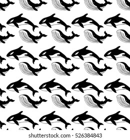 Whale and killer whale, hand-drawn ink. Black and white seamless pattern in marine style.