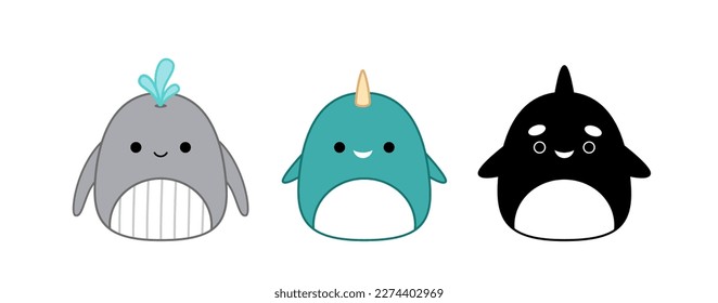 Whale, killer whale, narwhal, unicorn fish. Squishmallow. Cute soft plush toy. Pillow. Kawaii, cartoon. Isolated vector illustration eps 10