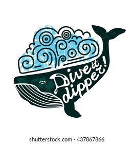 Whale lettering. Grunge flat lettering. Whale smile. Diving concept.