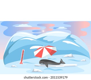 Whale lies under umbrella and escape from climate change and global warming. Animal during global warming concept. Whale suffers from heat, increase in planet temperature, melting of glaciers