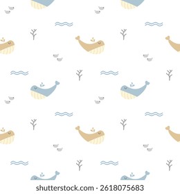 Whale light blue and yellow cartoon so cute. On coral wave fish white background. Pattern seamless vector illustration. 