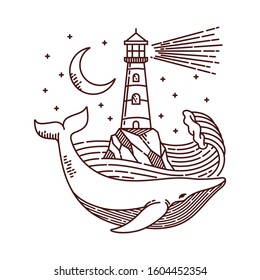 Whale and lighthouse line illustration