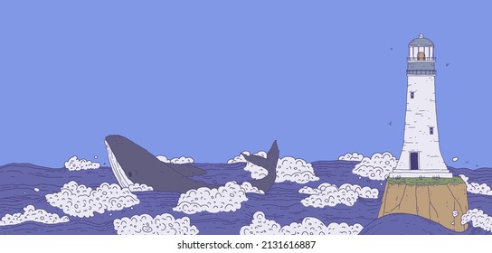 whale and lighthouse on rock among stormy sea waves. Seascape with aquatic animals. Doodle line vector Illustration banner.