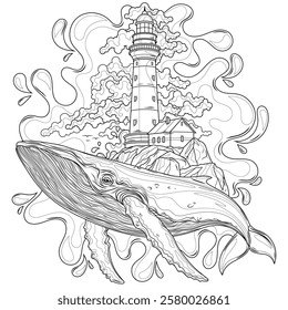 A whale and a lighthouse.Coloring book antistress for children and adults. Illustration isolated on white background.Zen-tangle style. Hand draw