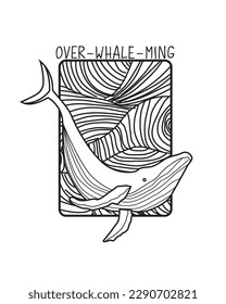 Whale Line art illustration over Whale ming letter text line drawn vector sea Ocean design